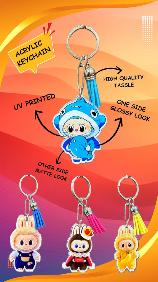 Labubu Acrylic Keychains – Set of 4 (Blue Shark, Bunny Farmer, Royal Bunny, Banana Bunny) with Tassel
