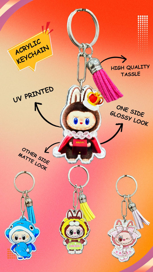 Labubu Acrylic Keychains – Set of 4 (Royal Bunny, Blue Shark, Lion Bunny, Pink Bow Bunny) with Tassel