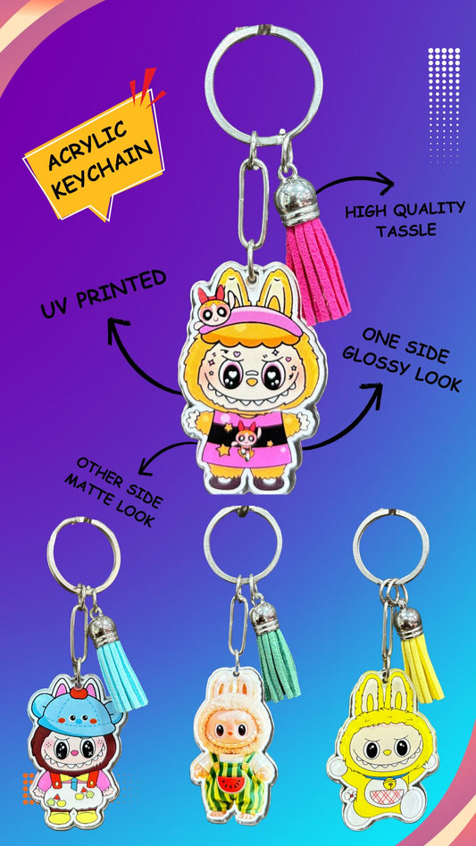 Labubu Acrylic Keychains – Set of 4 (Pink Outfit Bunny, Blue Cap Clown, Watermelon Bunny, Yellow Bunny) with Tassel
