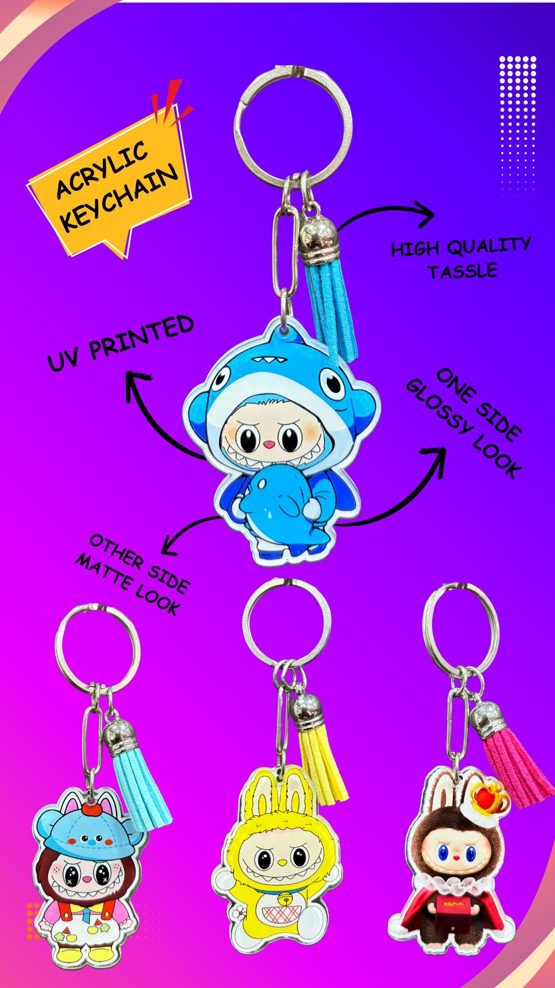 Labubu Acrylic Keychains – Set of 4 (Blue Shark, Blue Cap Clown, Yellow Bunny, Royal Bunny) with Tassel