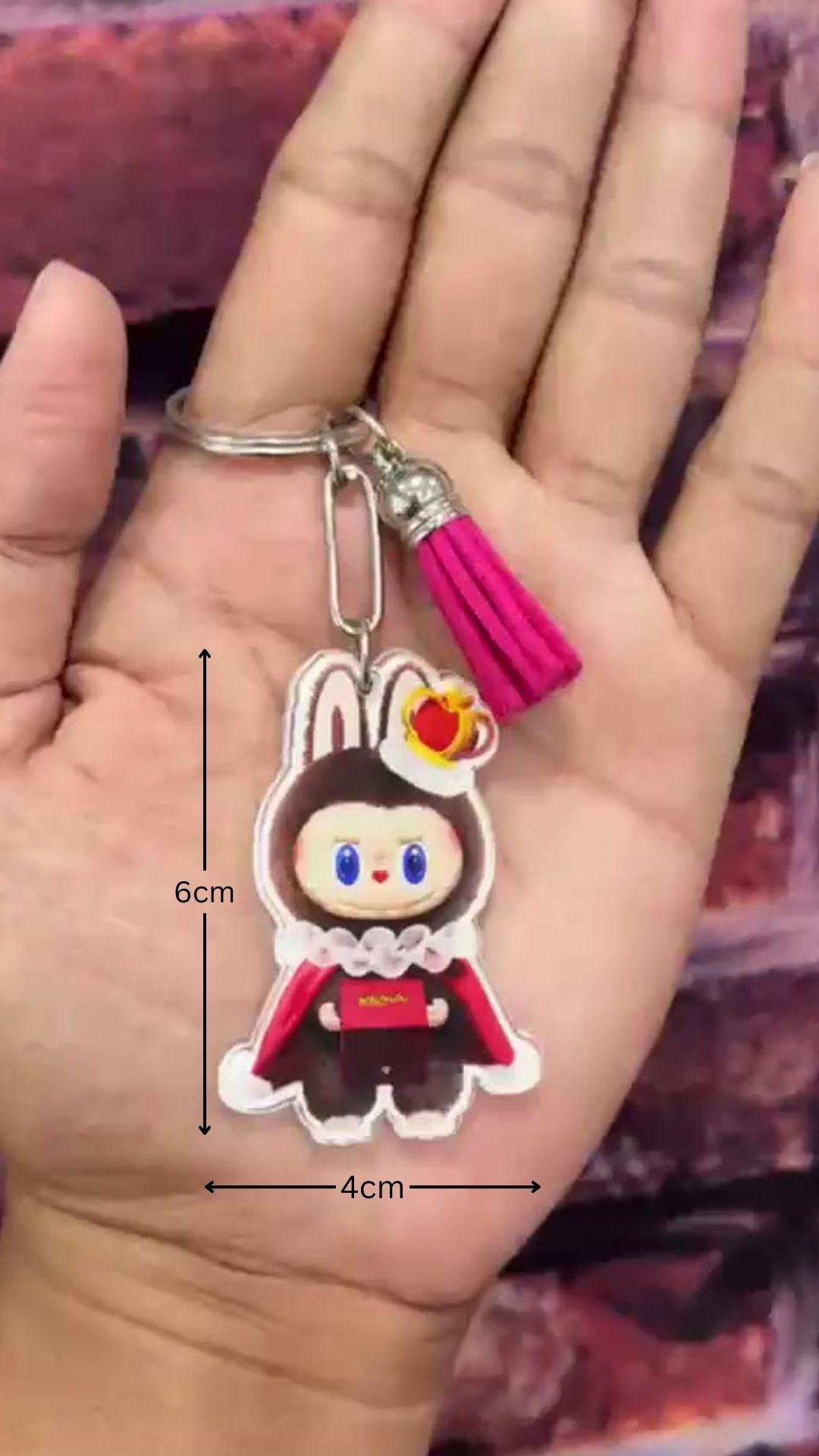 Labubu Acrylic Keychains – Set of 4 (Yellow Bunny, Banana Bunny, Pink Outfit Bunny, Farmer Bunny) with Tassel