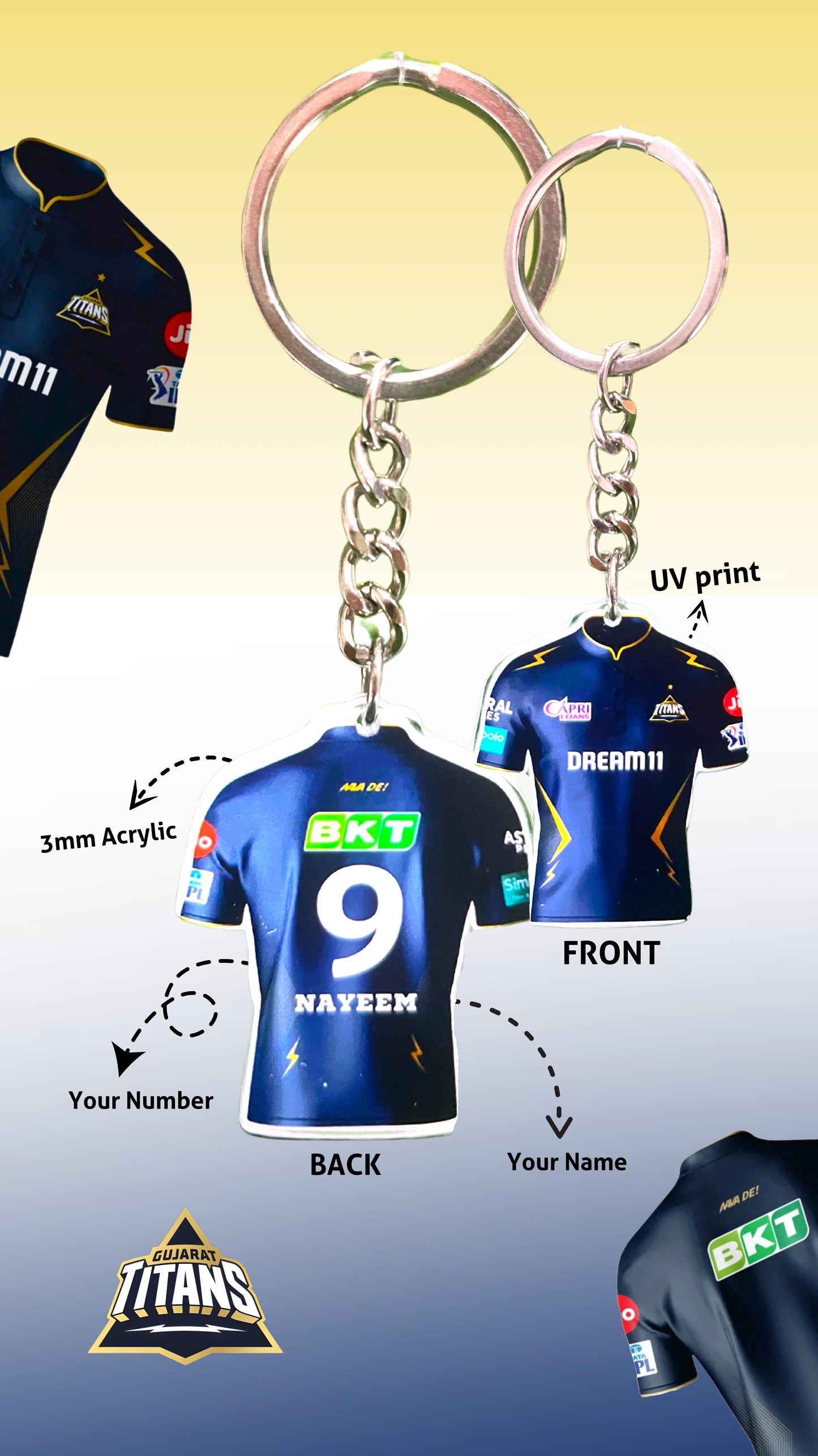 Gujarat Cricket Jersey Keychain β Add Your Name & Lucky Number!