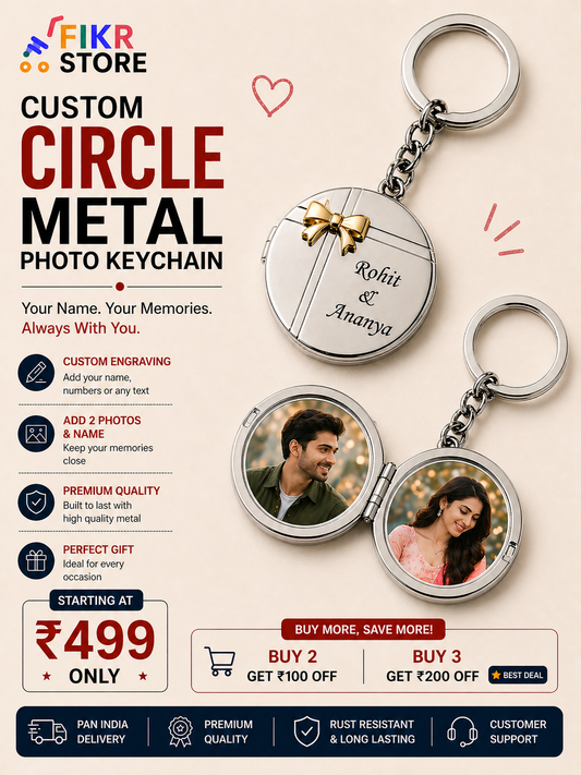 Custom Circle Metal Photo Keychain – Add 2 Photos & Name | Personalized Premium Gift