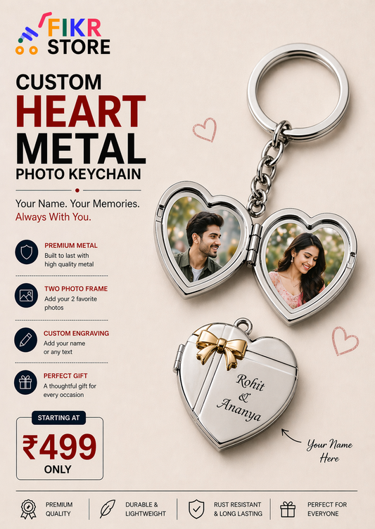 Custom Heart Metal Photo Keychain – Personalized Double Photo Frame with Name Engraving