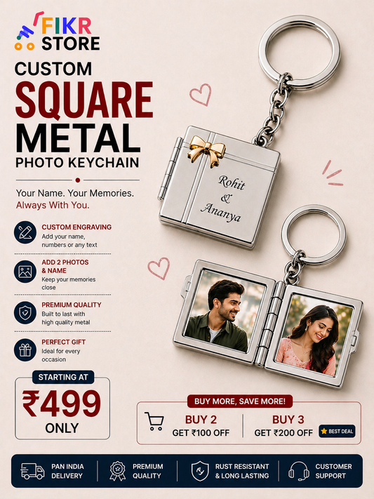 Custom Square Metal Photo Keychain – Personalized with 2 Photos & Name | Premium Gift