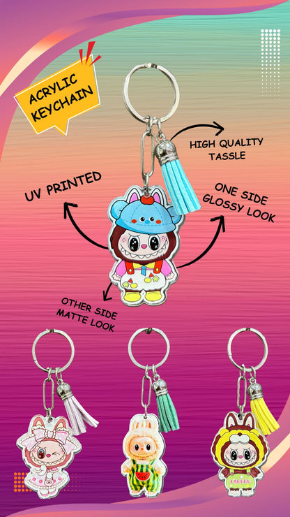 Labubu Acrylic Keychains – Set of 4 (Blue Cap Clown, Pink Bow Bunny, Watermelon Bunny, Lion Bunny) with Tassel
