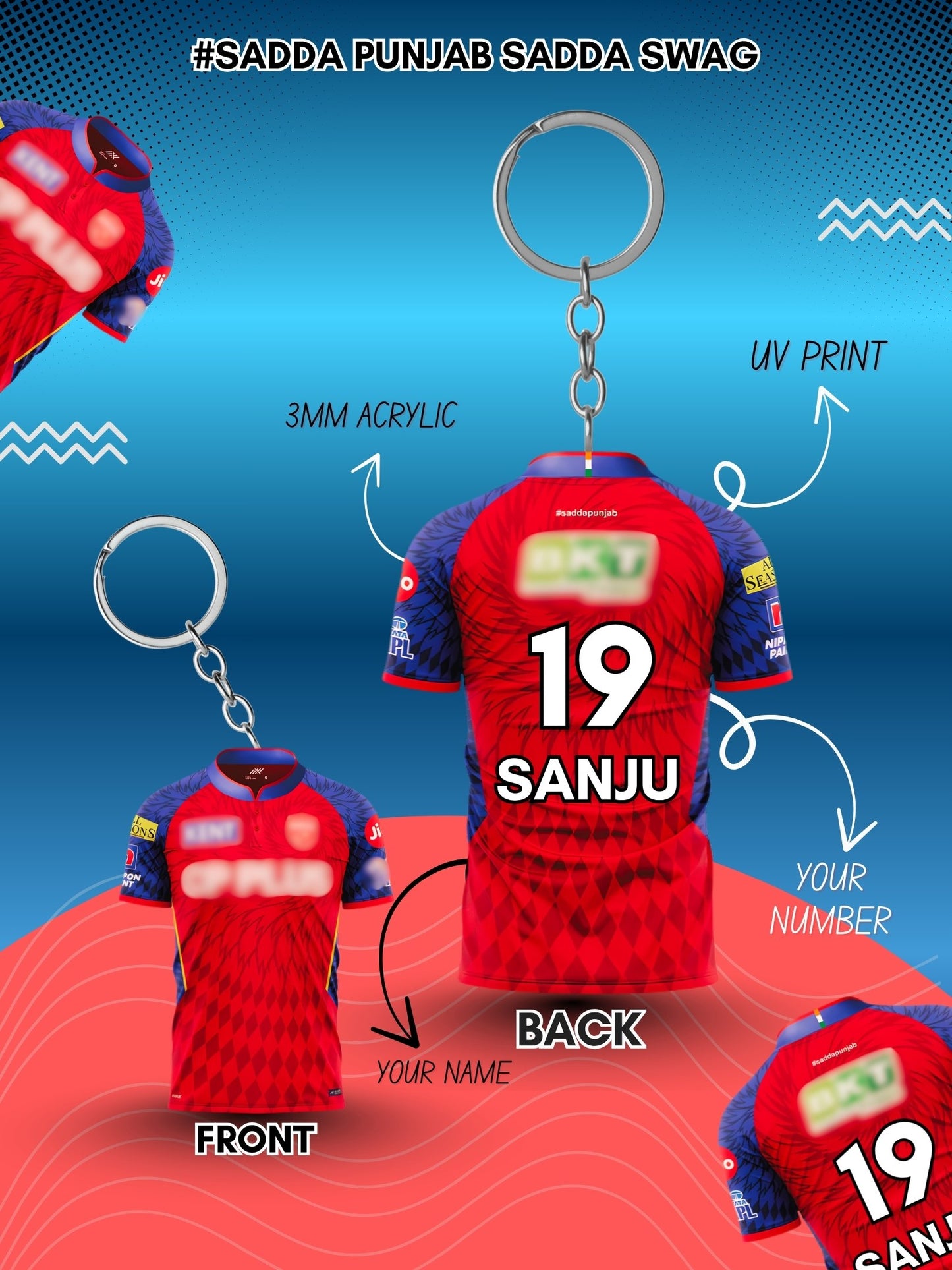 Punjab Cricket Jersey Keychain 2026 – Add Your Name & Lucky Number!